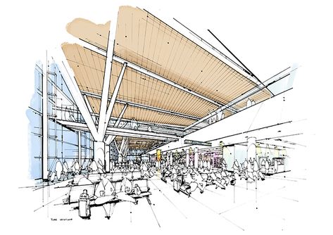 Interior Freehand Sketching Airport Departures Communal Housing, Freehand Sketching, Airport Architecture, Interior Architecture Sketch, Architecture Artwork, Artwork Sketchbook, Architect Building, Architectural Ideas, Building Sketch