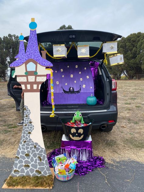 Castle Trunk Or Treat Ideas, Rapunzel Trunk Or Treat, Tangled Trunk Or Treat, Castle Trunk Or Treat, Purple And Gold Decorations, Trunk Or Treat Truck, Easy Trunk Or Treat Ideas, Easy Trunk Or Treat, Pumpkin Patch Party