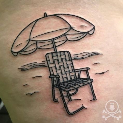 Fun line work beach chair tattoo by Tami Rose.  #12ozstudios #team12oz #tattoo #tattoos #tattooed #tattooing #tattooism #tattooart #tattooartist #tattooer #tattooist #art #artstudio #tattooshop #tattoostudio #ink #inked #linework #lineworktattoo #blackwork #blackworktattoo #beach #beachtattoo #seashore #vacation Beach Chair Tattoo, Chair Tattoo, Feminine Shoulder Tattoos, Le Tattoo, Beach Drawing, Summer Tattoo, Beach Tattoo, Tattoo Bracelet, Line Work Tattoo