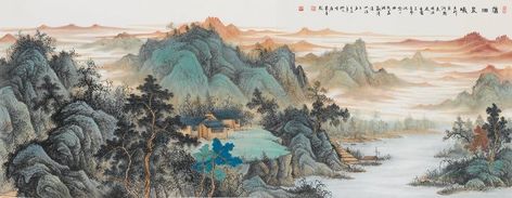 Horizontal Mountains and Rivers wall art, ink brush Landscape painting art print, Living room/office/tea room/study room decor, 109x42cm    Home & Living Home Décor Wall Décor Wall Hangings Asian painting mounted Chinese art Asian interior decor Sumi e Chinese Mountain Drawing, Chinese Landscape Painting Horizontal, Traditional Chinese Art Landscape, Inking Art, Asian Watercolor, Painting Horizontal, Wide Art, Mountains Aesthetic, Asian Landscape