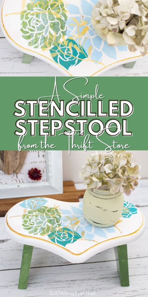 Transforming an inexpensive thrift store stepstool simply with some paint, lovely stencils and a little bit of creativity. Painted Step Stool, Painted Headboard, Stool Makeover, Wooden Step Stool, Teal Paint, Stencil Projects, Driftwood Decor, Diy Upcycle, Upcycle Projects