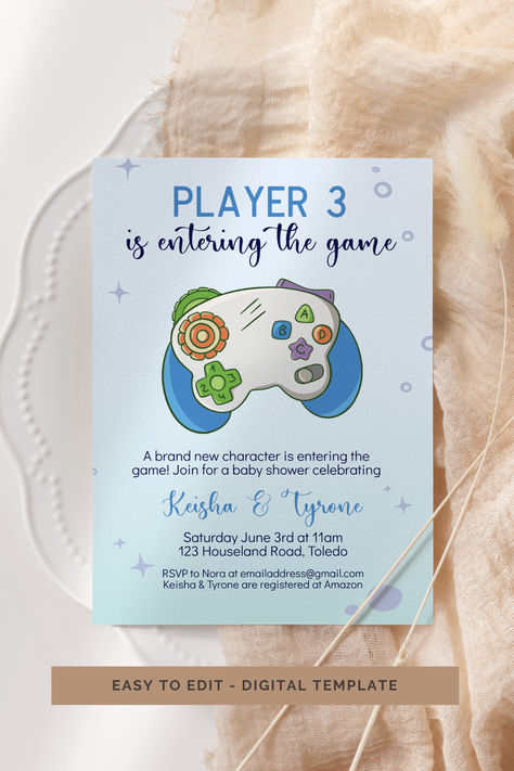 Video game baby shower invitation template bundle including invitation, welcome sign, cupcake topper, and more in blue Video Game Baby Shower Theme, Video Game Baby Shower Ideas, Gamer Baby Shower Ideas, Dnd Baby Shower Ideas, Pokemon Baby Shower Ideas, Xbox Party, Board Game Themes, Gamer Baby, Nerd Baby