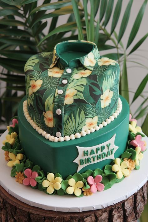 Tropical Shirt-Themed Green Birthday Cake Tropical Themed Cake Ideas, Island Theme Cake, Green Birthday Cake Ideas, Birthday Cake Aesthetic Green, Tropical Party Cake, 11 Birthday Cake, Green Birthday Cake, Birthday Cake Aesthetic, Green Birthday Cakes