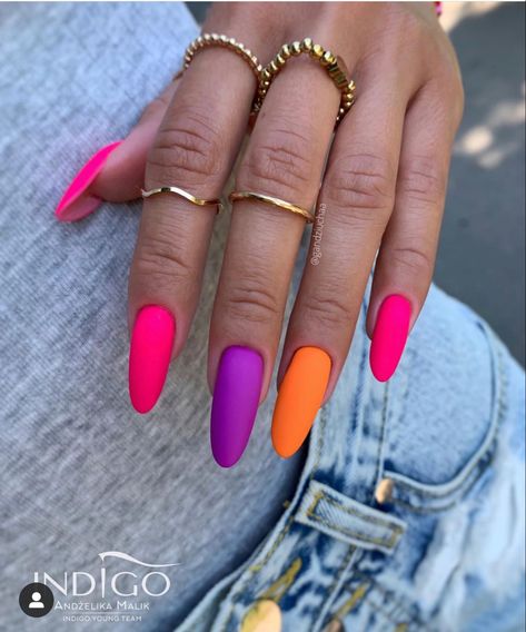 Neon Matte Nails Summer Colors, Neon Pink And Purple Nails, Every Nail Different Color Shades, Summer Purple Nails, Pink And White Nail Art, Cute And Easy Nails, Summer Nails Designs 2023, Unique Summer Nails, Summer Nails 2023 Gel