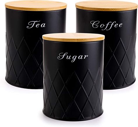 Fasmov 3 Pack Kitchen Canister Set, Coffee, Sugar, and Tea Storage Container Jars with Bamboo Lids for Storing Sugar, Coffee and Tea, Black Black Kitchen Canisters, Ceramic Kitchen Canisters, Kitchen Countertop Decor, Coffee Container, Stainless Steel Containers, Kitchen Canister Set, Countertop Decor, Metal Canisters, Coffee Storage