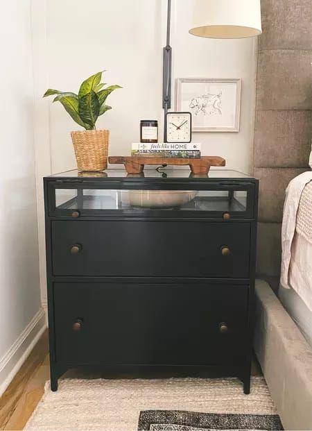 We love this nightstand decor. Nightstand styling by Porche * Co. Bedroom Decor, Target Decor, Black Nightstands #bedroomdecor #nightstands Tall Black Nightstand, Black Bed And Nightstands, Dresser Nightstand Ideas, Black Distressed Dresser, Black Nightstand Bedroom, Box Nightstand, Black Nightstands, Large Nightstand, Distressed Dresser