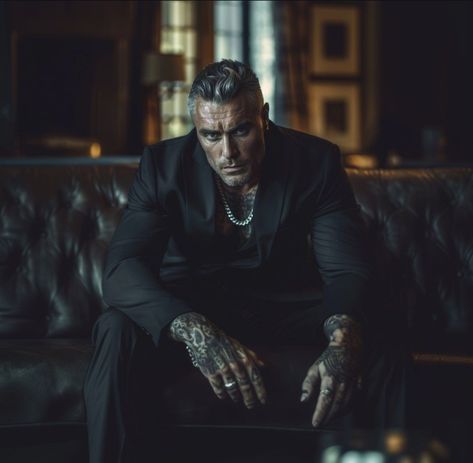 Man With Beard And Tattoos, Tattoed Men In Suit, Mafia Men With Tattoos, Tatted Man Aesthetic, Fictional Men Mafia Vibe, Golddigger Aesthetic, Mob Boss Aesthetic Male, Cosa Nostra Tattoo, Russian Men Mafia