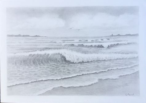 My First Seascape October 2018 - from a Tutorial How to Draw a Seascape, Waves, Skies, Graphite Pencil with Smoothie77 - Art Spectrum Draw & Wash A4 210gsm acid free smooth paper Wave Drawings, Art Corset, Pencil Drawing Inspiration, Beach Sketches, Wave Drawing, Graphite Art, Ocean Shores, Graphite Drawings, Painting Lessons