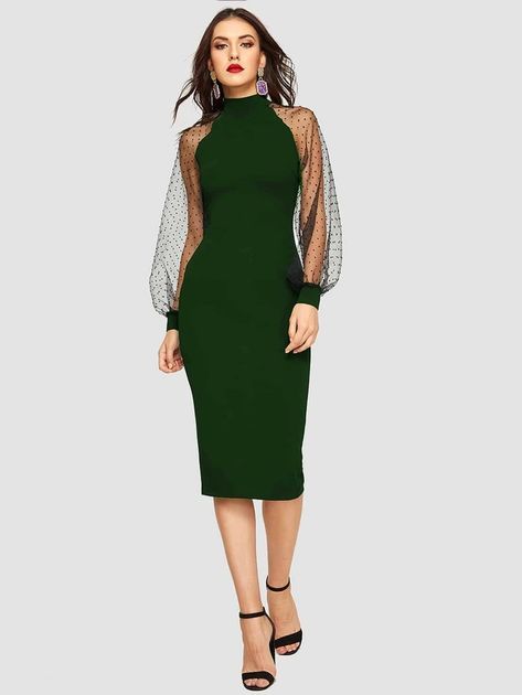 Jacquard Mesh Raglan Sleeve Pencil Dress | SHEIN Footed Leggings, Calf Sleeve, Natural Clothing, Maxi Dresses Fall, Suits Clothing, Dress Zipper, Lantern Sleeve, Pencil Dress, Lantern Sleeves