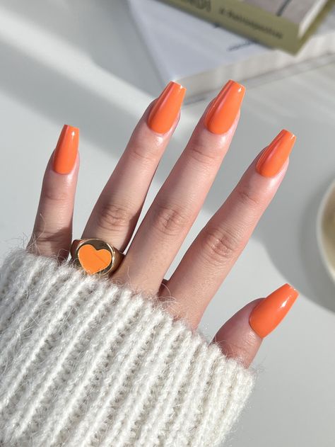 Orange Nails Simple, Plain Orange Nails, Orange Nails Coffin, Orange Nails Aesthetic, Nail Shapes Square, Acrylic Nail Polish, Classy Nail Art, Orange Nail Designs, Plain Nails