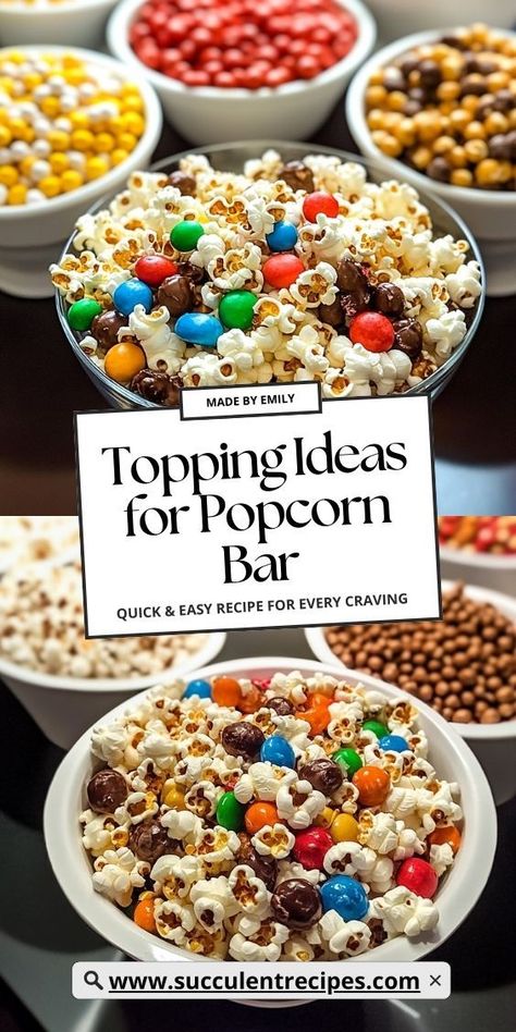 Elevate your popcorn game with these creative topping ideas for your popcorn bar! From sweet to savory, these delicious options will satisfy every craving at your next gathering. Popcorn Bar Baby Shower Ideas, Chip Bar Party, Adult Sleepover Food, Popcorn Charcuterie Board, Diy Snacks, Popcorn Bar, Bar Food, Sleepover Food, Party Bar