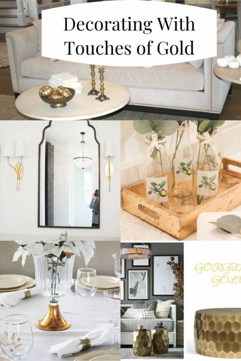 6 Ideas To Decorate With Gorgeous Gold Accents. See the gold ideas at the blog. #golddecor #goldideas #golddesign Farmhouse Gold Accents, Decorating With Gold Accents, Gold Accents Living Room, Gold Ideas, Gold Furniture, Minimalist Home Interior, Living Room Accents, Gold Picture Frames, Rustic Living