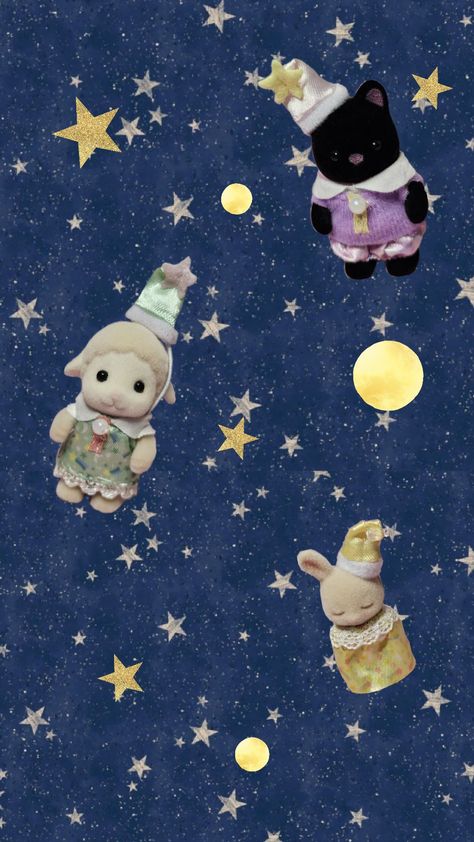 #sylvanianfamilies #calicocritters Sylvanian Families Wallpaper, Sylvanian Families, Bears, Moon, Stars