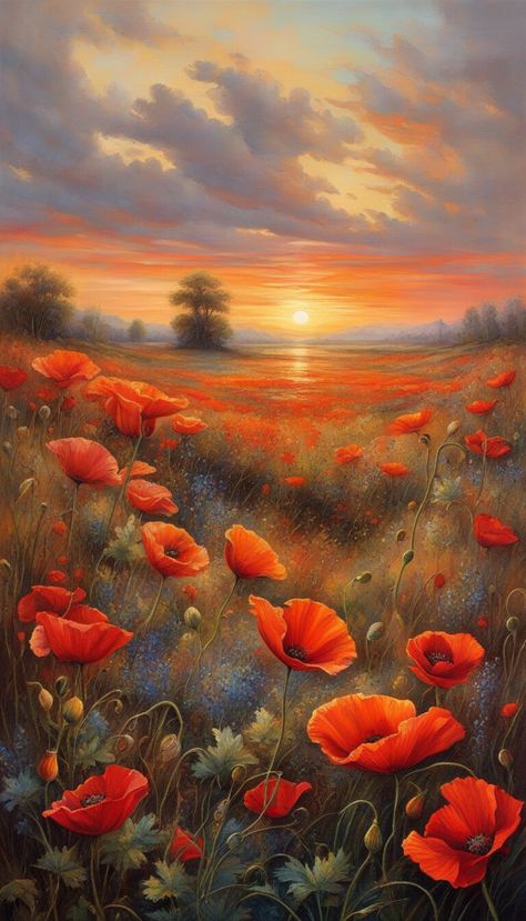 Painting of Field of poppies - AI creation Poppy Field Painting Acrylics, Poppy Flower Pictures, Field Of Poppies Painting, Painting Of Field, Senior Year Art, Poppy Field Painting, Poppies Field, Remembrance Day Art, Poppies Art