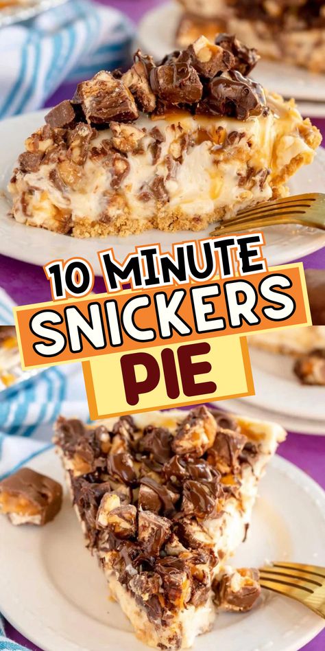 The easiest no bake snickers pie recipe with tons of Snickers candy bars, peanut butter, and delicious flavor! Perfect pie for summer parties, Thanksgiving, or birthdays - good chilled or frozen! Snickers Peanut Butter Pie, Twix Pie No Bake, Candy Bar Pie Recipes, Snicker Pie, Peanut Butter Snickers, Candy Filling, Snickers Dessert, Snickers Pie, Layered Pumpkin Dessert