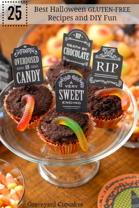 25 Best Halloween Gluten-Free Recipes and DIY Fun | BoulderLocavore.com Graveyard Cupcakes, Gluten Free Halloween Food, Pasteles Halloween, Gluten Free Halloween, Halloween Cupcake Toppers, Halloween Graveyard, Halloween Sweets, Halloween Cupcakes, Halloween Recipes