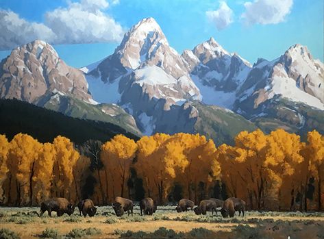 Traditional paintings of the Grand Tetons | Hereford and longhorn cattle | western art by Jimmy Dyer Buffalo Paintings On Canvas, Bison Painting Acrylics, Yellowstone Painting, Bison Portrait, Southwest Art Paintings, Bison Artwork, Bison Painting, Farm Animal Paintings, Buffalo Painting