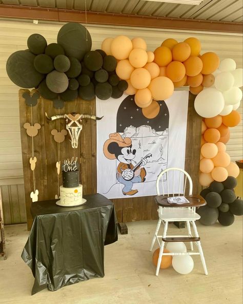 Western Mickey Mouse Party, Mickey Mouse Cowboy Birthday Party Ideas, Mickey Cowboy Birthday, Cowboy Mickey Mouse Party, Cowboy First Birthday Party, Mickey Mouse 1st Bday, Vintage Disney Party, First Boo Day, Cowboy First Birthday