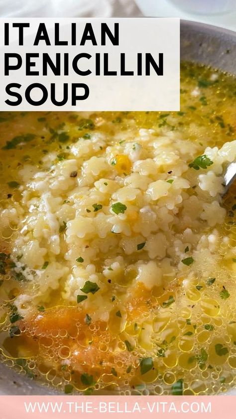 Warm your soul with Italian Penicillin Soup - a comforting pastina soup recipe. Quick, easy, and budget-friendly! Medicine Soup Recipe, Pastina Recipes When Sick, Italian Peasant Soup, Italian Medicine Soup, Pennecillin Soup, Pasting Soup Recipe, Pinicillan Soup, Liquid Penicillin Soup, Italian Penacillan Soup