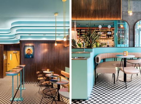 The 90s are back in style at Montreal’s Caffettiera Caffé Bar - The Spaces Terrazzo Bar, Leather Banquette, Italian Bar, Architecture Restaurant, Checkerboard Floor, Italian Cafe, Themed Cafes, Coffee Shop Aesthetic, Coffee Games