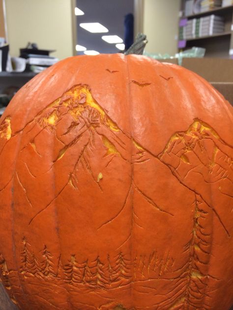 Pumpkin carving Mountain scene Mountain Scene Pumpkin Carving, Pumpkin Carving Mountains, Mountain Pumpkin Carving, Halloween Pumpkin Templates, Pumpkin Carving Stencils Templates, Cute Pumpkin Carving, Pumpkin Carving Contest, Dog Pumpkin, Pumkin Carving