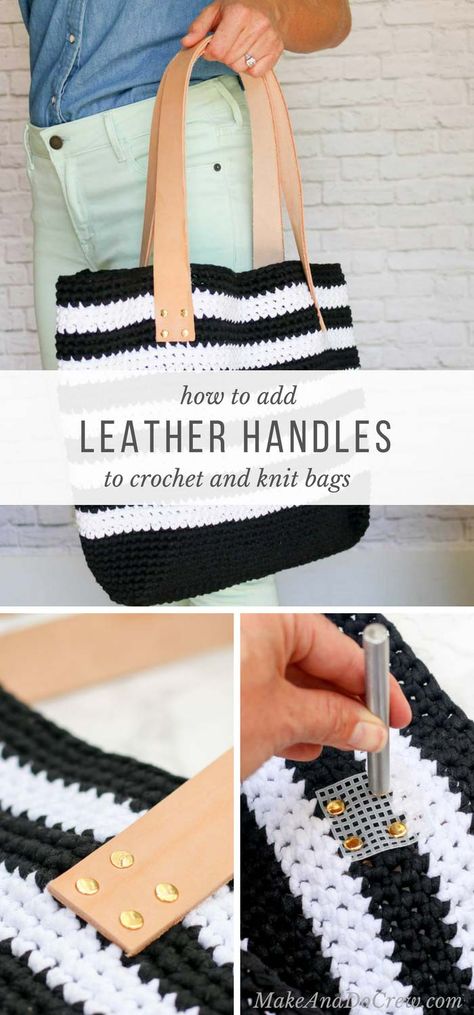 Learn how to add leather handles to a crochet or knit bag to add instant sophistication, strength and texture. Upcycle an old belt for even more charm! via @makeanddocrew Crochet Handles For Bags, Leather Tutorial, How To Make Leather, Make And Do Crew, Crochet Shell Stitch, Handbag Handles, Diy Handbag, Purse Handles, Sewing Leather