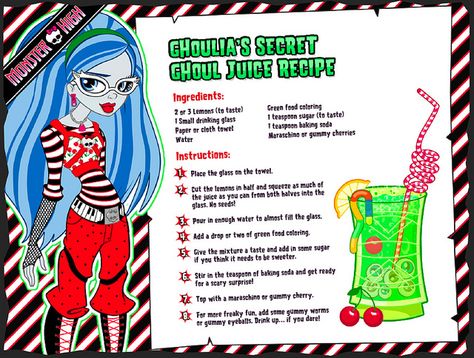 monster high ghoulia's secret ghoul juice recipe - Google Search Monster High Food, Monster High Printables, Zombie Drink, Cartoon Recipe, High Images, Monster High Ghoulia, Monster High Halloween, Monster High Birthday Party, Monster High Party