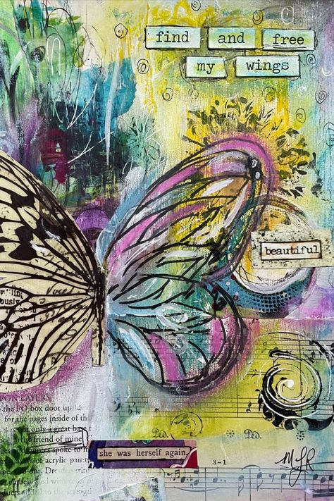 Mixed media collage print available for sale on my Society6 shop. Features a colorful butterfly in pinks, blues, and yellow agains a background of book pages and sheet music. Caption "find and free my wings" in upper right hand corner. Whimsical pen markings and stenciling included. Wings Card, Moths And Butterflies, Butterfly Insect, Butterflies Art, Colorful Butterfly, Stationary Cards, Print Collage, Mixed Media Artists, Colorful Butterflies