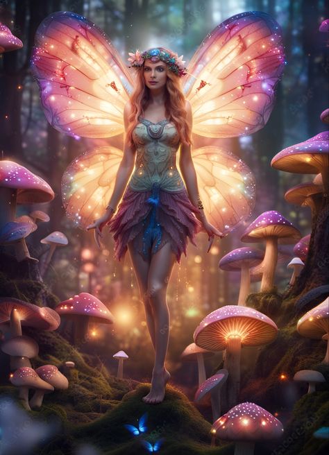 Forest fairy woman in a beautiful forest of magic mushrooms Fairy Whispers, Woman In Forest, Large Fairy Garden, Fairy Beauty, Amy Brown Fairies, Fantasy Fairies, Magical Landscapes, Forest Magic, Butterfly Girl