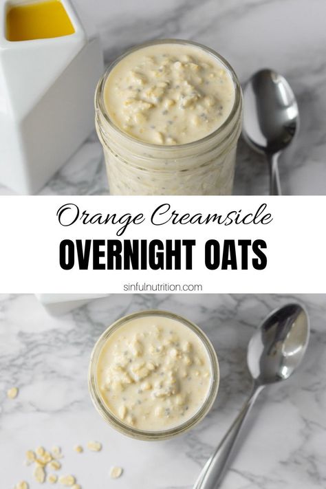 These Orange Creamsicle Overnight Oats are a quick and easy make-ahead breakfast recipe that tastes just like a creamsicle pop! Made with just 6 simple ingredients | @sinfulnutrition #sinfulnutrition #overnightoatsrecipe #creamsicleoats #makeaheadbreakfast Overnight Oats Healthy Clean Eating, Rolled Oats Recipe, Oats Recipes Breakfast, Healthy Oatmeal Recipes, Oat Recipes Healthy, Overnight Oats Recipe Healthy, Overnight Oats Healthy, Healthy Breakfast Recipes Easy, Mason Jar Meals