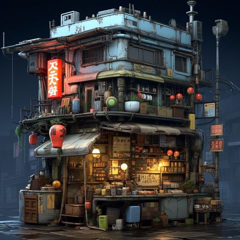 Stylized Cyberpunk Environment, Scifi Village, Cyberpunk Architecture, Cyberpunk Building, Scifi Building, Apocalypse Landscape, Scifi City, Shanty Town, Storybook Homes