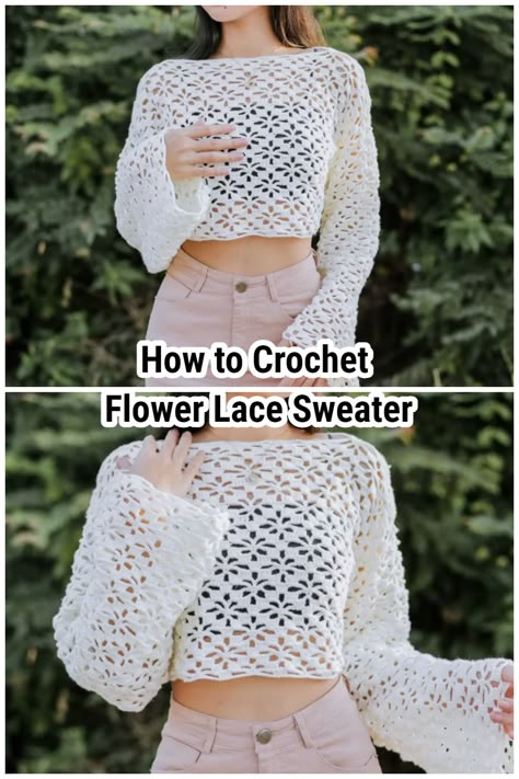 Crocheting a lace sweater requires following a pattern and paying close attention to gauge to ensure the correct fit. First, select a lace stitch pattern and choose a lightweight yarn that will allow the stitch pattern to show up well. Lace Sweater Crochet, Lace Sweater Pattern, Crochet Jumper, Clothes Crochet, Crochet Tops Free Patterns, Crochet Lace Top, Kleidung Diy, Crochet Fashion Patterns, Clothes Aesthetic