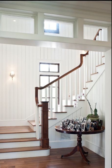 {Trend Report}: Shiplap Walls | Bria Hammel Interiors Playroom Transformation, Colonial Entryway, Wainscoting Stairs, Tongue And Groove Walls, Sofa Makeover, Tongue And Groove Panelling, Staircase Storage, Stair Case, Foyer Decorating