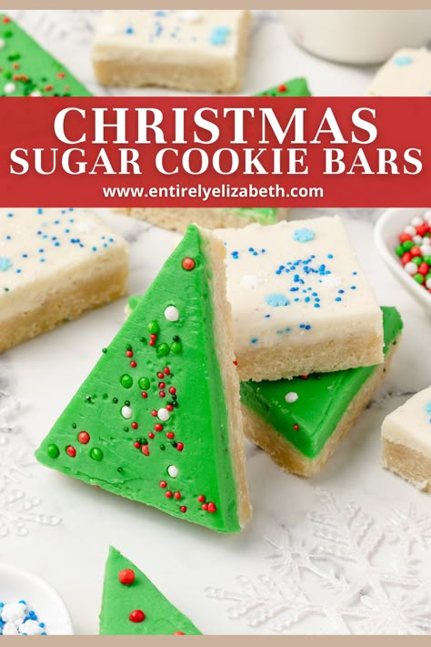 These soft Christmas Sugar Cookie Bars give you all the classic sugar cookie flavor in an easy-to-make 13×9 pan that serves 30. Christmas Tree Sugar Cookie Bars, Christmas Sugar Cookie Bars Recipe, Quick Cookie Bars, Bar Sugar Cookie Recipe, Shortbread Cookie Bars Recipes, Soft Sugar Cookie Bars, Recipes With Sugar Cookie Mix Baking, Sheet Pan Sugar Cookies, Sugar Cookie Bars With Premade Dough