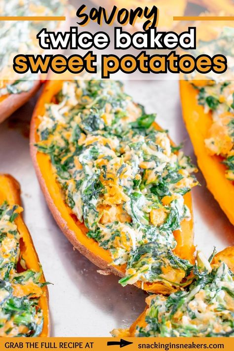 A close-up of a savory twice baked sweet potato on a baking sheet, with a text overlay with the name of the recipe. Baked Sweet Potato Stuffed, Twice Stuffed Sweet Potatoes, Savory Stuffed Sweet Potato Recipes, Twice Baked Sweet Potatoes Savory, Vegetarian Stuffed Potatoes, Spinach Stuffed Sweet Potato, Stuffed Sweet Potato Recipes, Spinach And Sweet Potato, Savory Sweet Potato Recipes