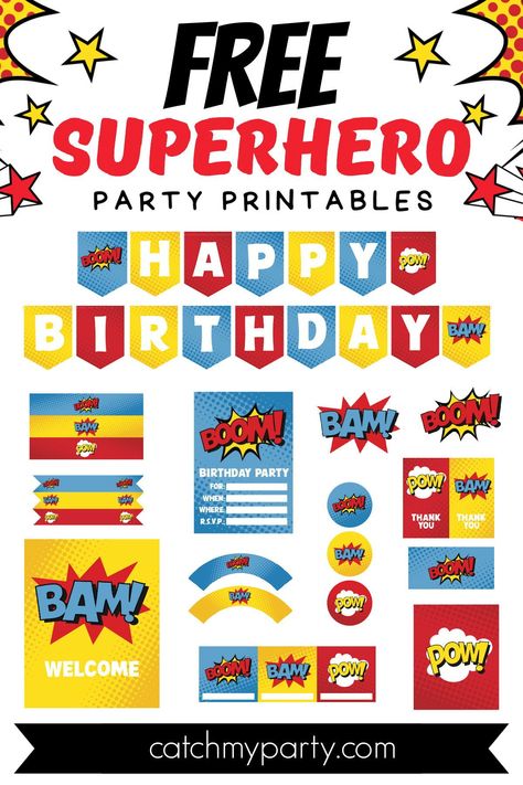 Throwing a superhero party? Then our FREE Superhero party printables are for you! Download them and use them to decorate your Superhero party! See more party ideas and share yours at CatchMyParty.com Superman Themed Birthday Party, Superhero Party Printables, Superhero Stickers, Printable Valentines Day Cards, Valentines Day Coloring Page, Birthday Party Printables, Valentines Day Coloring, Birthday Party For Teens, Valentines Printables Free