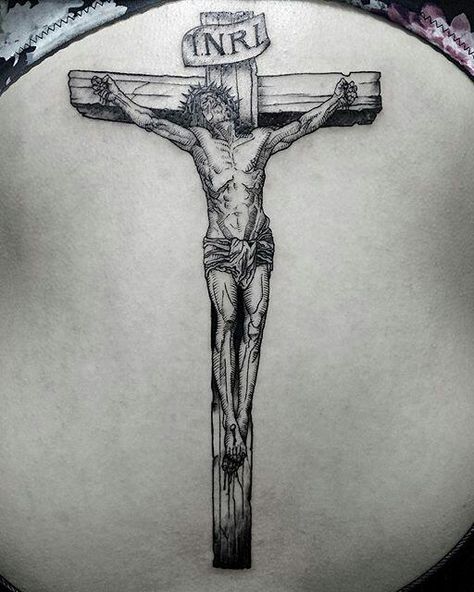 Jesus Christ by Oozy @ oozy_tattoo Tattoo With Background, Jesus On The Cross Tattoo, Jesus Christ Tattoo Designs, Crucifixion Tattoo, Oozy Tattoo, Jesus On Cross Tattoo, Pretty Cross Tattoo, Crucifix Tattoo, Jesus Christ Tattoo