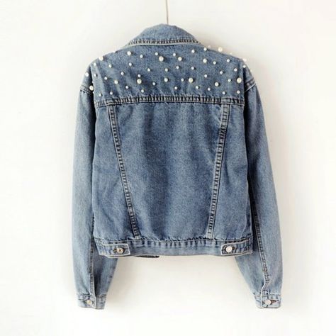 Jackets & Coats | C436 Women Denim Jacket Pearl Jean Top Cotton Clothing With Pocket Coat | Poshmark Beading Design, Pearl Jacket, Pearl Beading, Bridal Jacket, Custom Denim, Jean Vintage, Blue Vests, Embellished Denim, Slim Denim