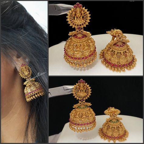 Temple Gold Jumkas, Gold Jumkas Design Bridal, Cheap Festive Temple Jewelry Earrings, Round Jhumkas For Puja, Gold Jhumka Earrings Indian Bridal, Jumkas Gold Indian Bridal, Gold Jumkas Design, Buttalu Earrings Gold Bridal, South Indian Jhumka