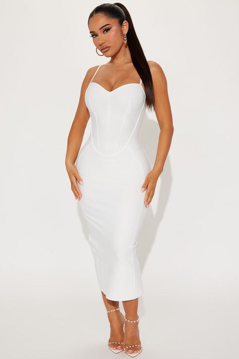 Blessed Wednesday, White Bandage Dress, Secret Dress, Corset Waist, Stylish Work Attire, Bandage Midi Dress, Homescreen Iphone, Secret Love, White Midi Dress