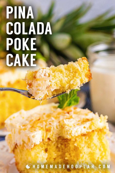 Pina Colada Poke Cake! Ultra moist and easy to make, this recipe takes a classic poke cake and packs it with tasty pineapple and coconut flavor. It's the ultimate pina colada dessert! | HomemadeHooplah.com Pina Colada Dessert, Pina Colada Cake Recipe, Pina Colada Poke Cake, Pina Colada Cake, Pineapple And Coconut, Coconut Pudding, Poke Cake Recipes, Poke Cakes, Vanilla Pudding Mix