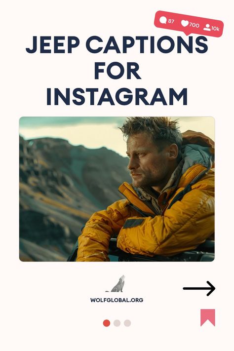 Webpage graphic with text "Jeep Captions for Instagram" and an image of a contemplative man in a yellow jacket.
Graphic with adventurous Jeep-related slogans and a call-to-action button for more content.
Woman with laptop, social media icons, advertisement for Instagram engagement pod. Vintage Jeep, Cool Jeeps, Jeep Lover, Mountain Trails, Captions For Instagram, Social Media Games, Jeep Life, Sandy Beaches, Instagram Captions