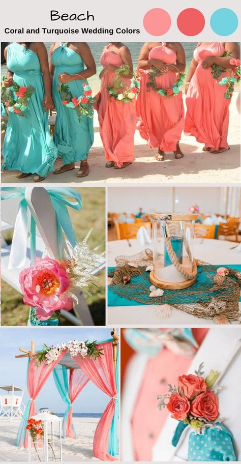 Coral Beach Wedding Decorations, Turquoise Wedding Colors, Wedding Colors 2025, Turquoise Coral Weddings, Spring Beach Wedding, Coral Wedding Themes, Beach Wedding Coral, Beach Wedding Bridesmaid Dresses, Wedding Color Schemes Spring