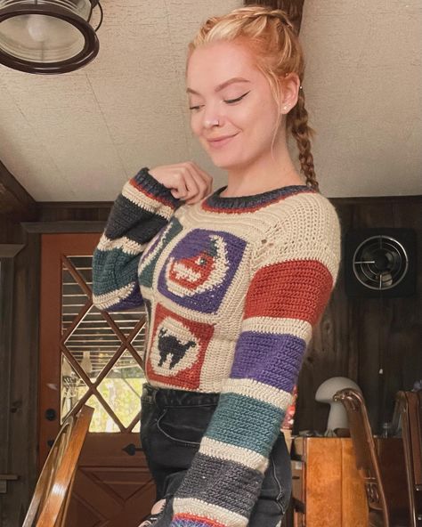 Bringing in the best time of year (🎃🧡🖤💀🍂 season) with my new favorite sweater! I don’t often keep my crocheted creations for myself but there’s simply no way I’m giving this one up. Halloween sugar cookie sweater pattern is by @casscrochets 🧶: @lionbrandyarn re-spun yarn in colors parchment, amber, raven, heliotrope, and alpine Cookie Sweater, Halloween Sugar Cookies, Up Halloween, Favorite Sweater, Sweater Pattern, No Way, Sugar Cookie, Amber, Yarn