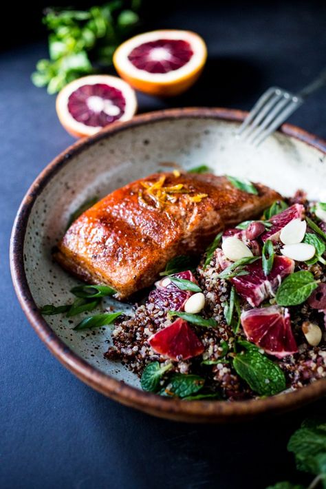 A simple Moroccan Quinoa Salad with blood oranges, almonds, olives, mint and a blood orange dressing. Pair this with Moroccan Salmon for a quick healthy meal. | www.feastingathome.com Moroccan Salmon Recipe, Moroccan Salmon, Moroccan Quinoa, Gut Cleanse, Orange Dressing, Tasty Salads, Feasting At Home, Moroccan Salad, Fast Easy Dinner