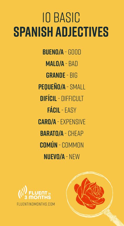 If you're going to learn 10 Spanish adjectives, make sure it's these ones! Find more Spanish vocabulary in the linked article. Spanish Vocabulary List, Spanish 101, Spanish Adjectives, List Of Adjectives, Spanish Words For Beginners, Spanish Sentences, Speaking Spanish, Basic Spanish, Sentence Examples