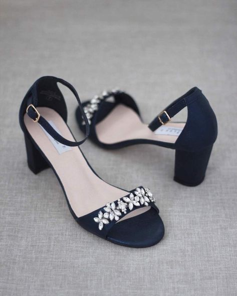 NAVY Shimmer Low Block Heel Sandals with Embellished Rhinestones  #shopkaileep #womensandals #weddingsandals #weddingheels Black Low Heel Sandals, Wedding Bridesmaid Shoes, Light Blue Wedding Shoes, Wedding Shoes Block Heel, Block Heels Wedding, Navy Blue Wedding Shoes, Sparkly Wedding Shoes, Navy Wedding Shoes, Low Block Heel Sandal