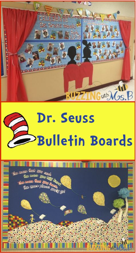 Dr. Seuss Week is coming: Seuss-inspired bulletin boards! Birthday Board Preschool, Dr Seuss Classroom Theme, Dr Seuss Bulletin Board, March Bulletin Board, Dr Seuss Preschool, Dr Seuss Classroom, Dr Seuss Activities, Dr Seuss Crafts, Reading Bulletin Boards