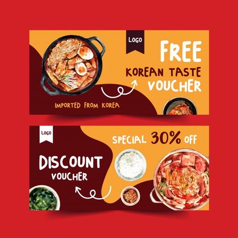 Korean food voucher design with ramyeon,... | Premium Vector #Freepik #vector #banner #food #template #discount Coffee Shop Website, Food Vouchers, Gift Voucher Design, Food Logo Design Inspiration, Food Discount, Voucher Design, Food Template, Graphic Design Infographic, Food Banner