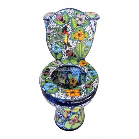 Mexican Talavera Toilet Hummingbird Talavera Toilet, Bathroom Stairs, Colored Toilets, Toilet Art, Ceramic Accessory, Mexican Home Decor, Mexican Home, Backsplash Bathroom, Talavera Pottery